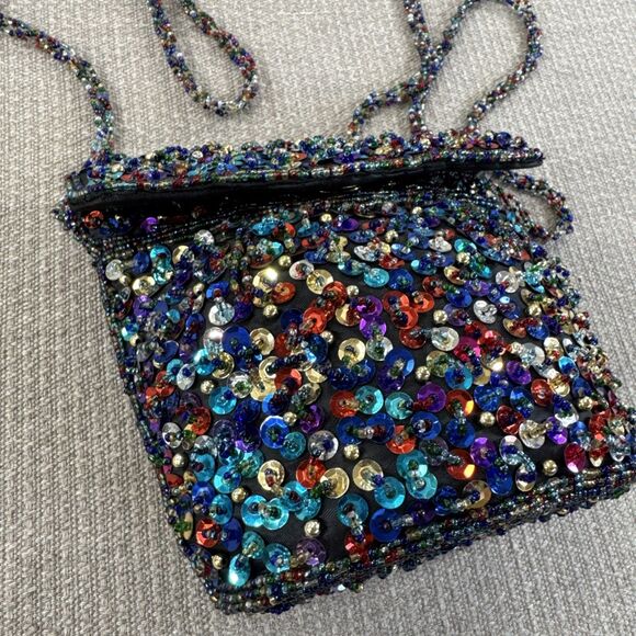 Vintage Beaded Crossbody Black Sequin Purse Holiday Evening Bag Event Clutch - Picture 3 of 8